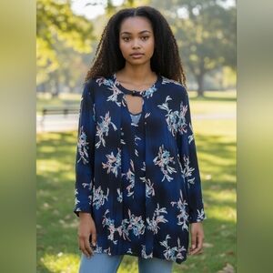Lane Bryant Navy Floral Blouse  Long Sleeve